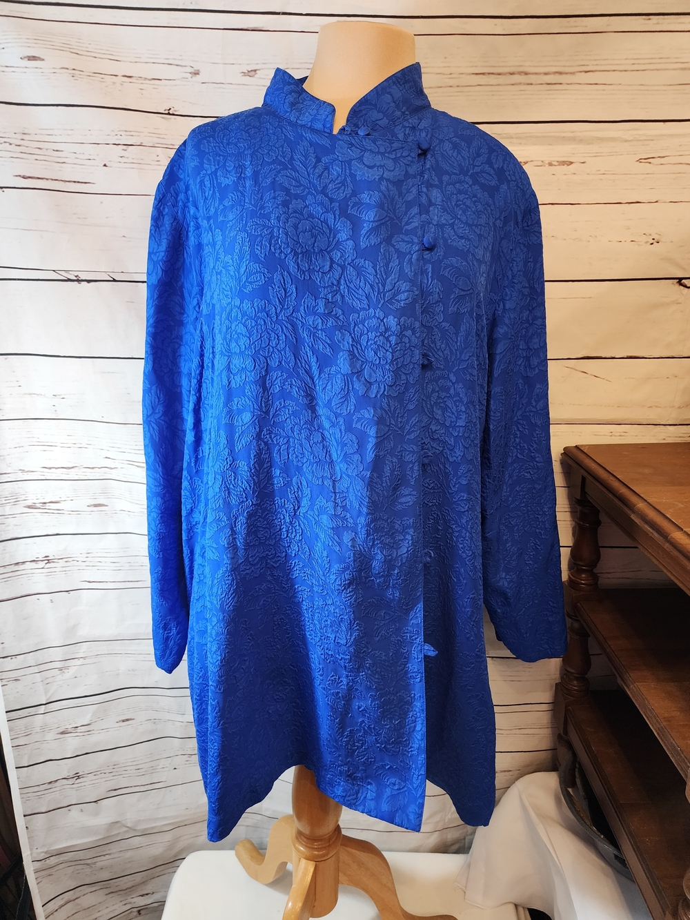 Royal Blue Textured Silk Mandarin Collar Blouse Frog Closure